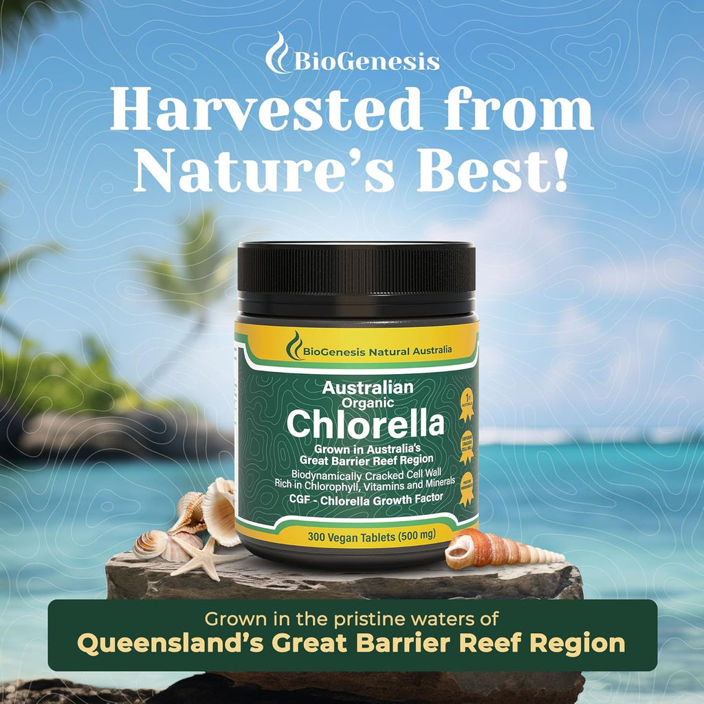 Biogenesis Organic Chlorella Tablets – 300 Count (500mg) | Australian Grown | BioDynamic Cracked Cell Wall | Rich in Chlorophyll, Vitamins & Minerals | Supports Energy& Immunity | Vegan Tablet