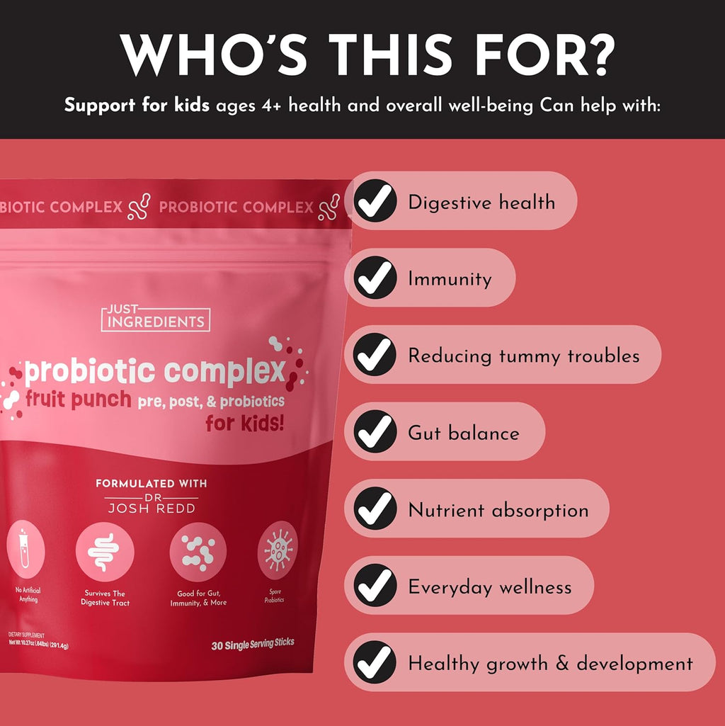 Kids Probiotic Complex Drink Mix – Fruit Punch Flavor – 30 Single-Serving Sticks | Prebiotic, Probiotic & Postbiotic Blend | Supports Gut Health, Digestion & Immune Function*