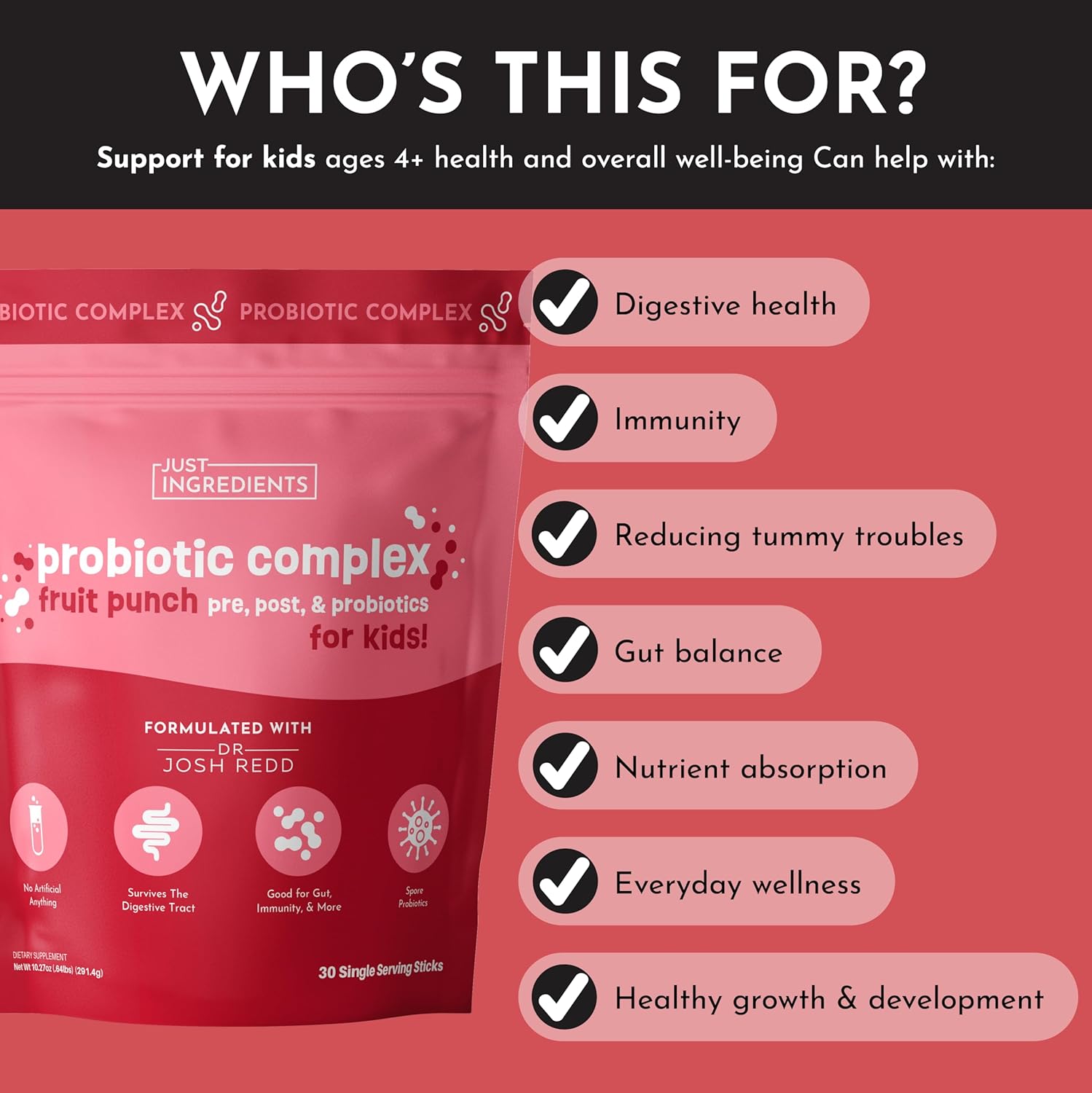 Kids Probiotic Complex Drink Mix – Fruit Punch Flavor – 30 Single-Serving Sticks | Prebiotic, Probiotic & Postbiotic Blend | Supports Gut Health, Digestion & Immune Function*