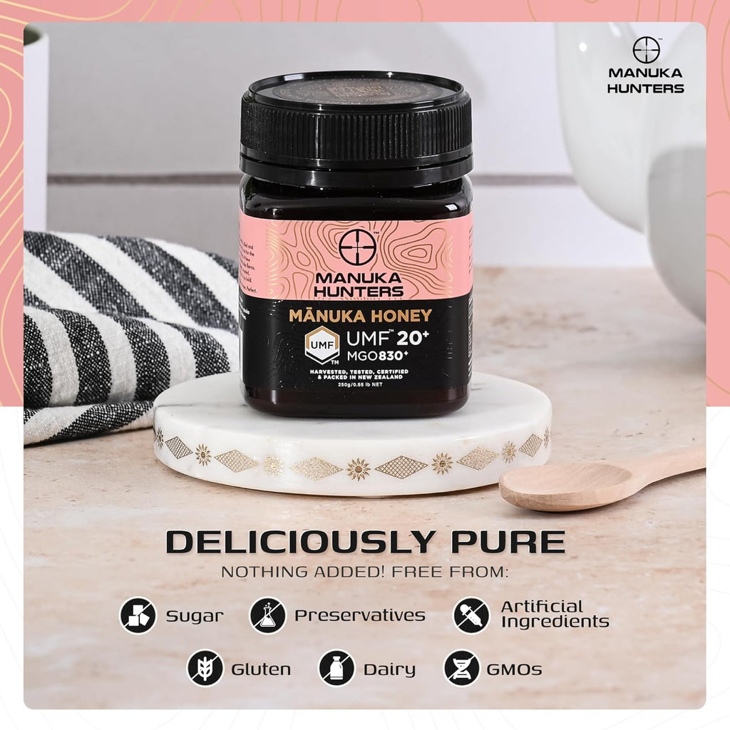 Manuka Hunters UMF 20+/MGO 830+ Certified New Zealand Manuka Honey - 100% Pure Natural Sweetener - Gluten, Dairy Free - Ideal for Tea, Coffee, Smoothies, and Baking - Sustainable - 8.8oz/250g Jar
