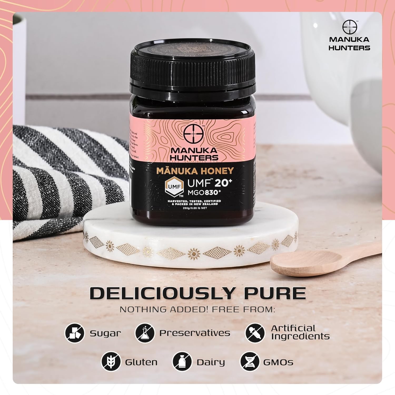 Manuka Hunters UMF 20+/MGO 830+ Certified New Zealand Manuka Honey - 100% Pure Natural Sweetener - Gluten, Dairy Free - Ideal for Tea, Coffee, Smoothies, and Baking - Sustainable - 8.8oz/250g Jar