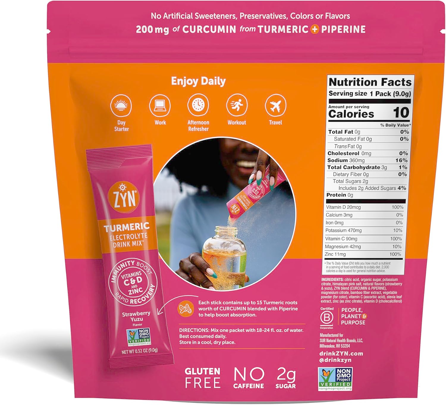 ZYN Electrolyte Drink Mix Hydration Packets, Strawberry Yuzu Electrolytes Powder, Hydration Packets w/Turmeric Curcumin, Vitamin C & D, Zinc, Hydrate & Recover Electrolyte Powder, Pack of 32