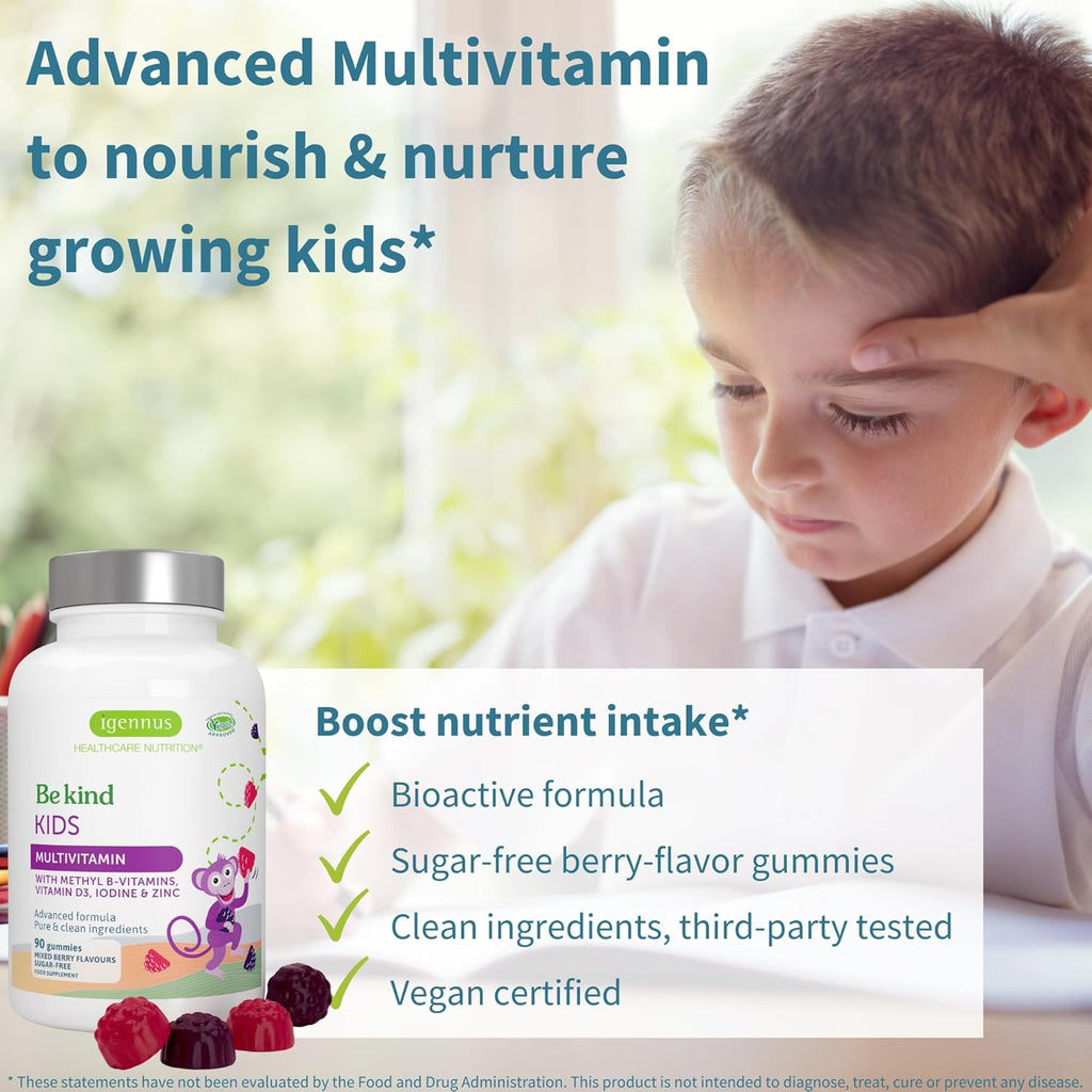 Igennus Methylated Kids Multivitamin Gummy, MTHFR, No Artificial Sweeteners or Flavors, Sugar Free, Age 4+, 90 Natural Berry Flavor Gummies from Fruit Powder, Non-GMO, Halal, Clean Label