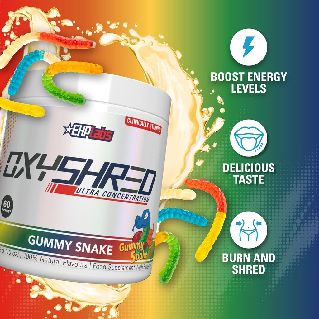 EHP Labs OxyShred Pre Workout Powder - Preworkout Powder with L Glutamine & Acetyl L Carnitine, Energy Boost Drink - Gummy Snake, 60 Servings