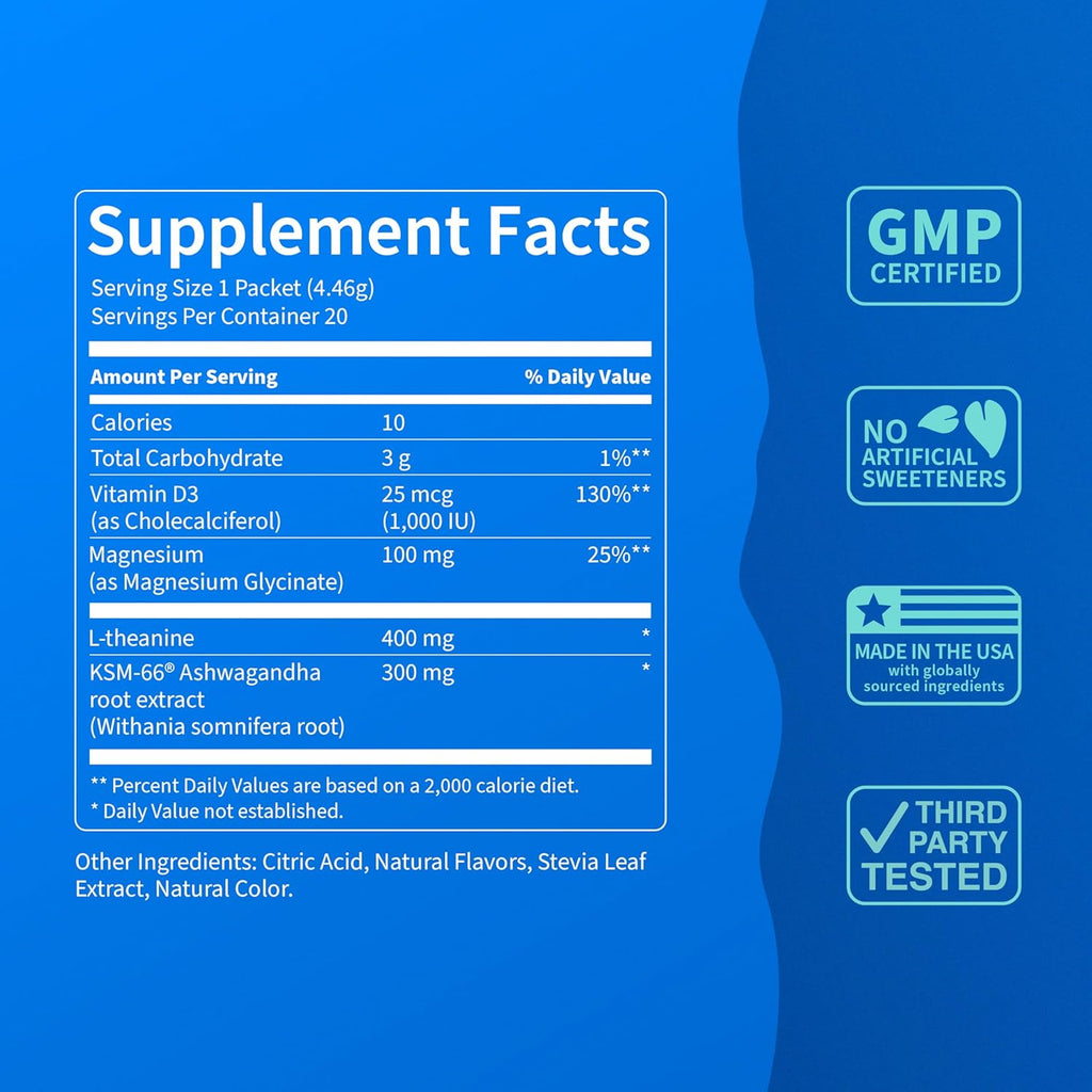 Supercalm Drink Mix - Ashwagandha KSM 66, Magnesium Glycinate & L-Theanine Supplement, Vitamin D3 - Ashwagandha Root Extract - Focus and Relaxation Support (20 Travel Packets) - Yuzu Guava