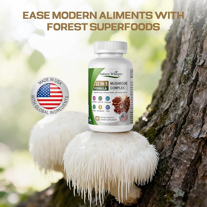 22 in 1 Lions Mane Mushroom Supplement with Ashwagandha | Black Pepper for Wellness Support, Mushrooms Complex with Turkey, Tail, Reishi, Cordyceps, Chaga, Maitake & More - 60 Capsules