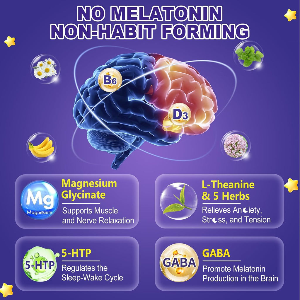 Melatonin Free Sleep Gummies with Magnesium Glycinate, GABA, 5-HTP, L-Theanine, Valerian, Chamomile, Lemon Balm, Vitamin D3 & B6 - Hormone & Drug- Free, Non-Habit Forming,2 Pack