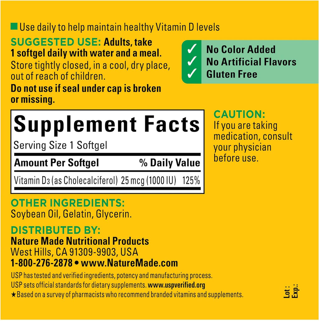 Nature Made Vitamin D3 1000 IU (25 mcg), Vitamin D Supplement for Bone, Teeth, Muscle and Immune Health Support, 300 Softgels, 300 Day Supply