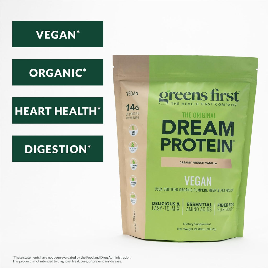 Greens First Dream Protein Plant-Based Vegan Powder - USDA Organic Pumpkin, Hemp & Pea Protein - Gluten-Free, Non-GMO, No Added Sugar (Creamy French Vanilla, 24.8 oz)