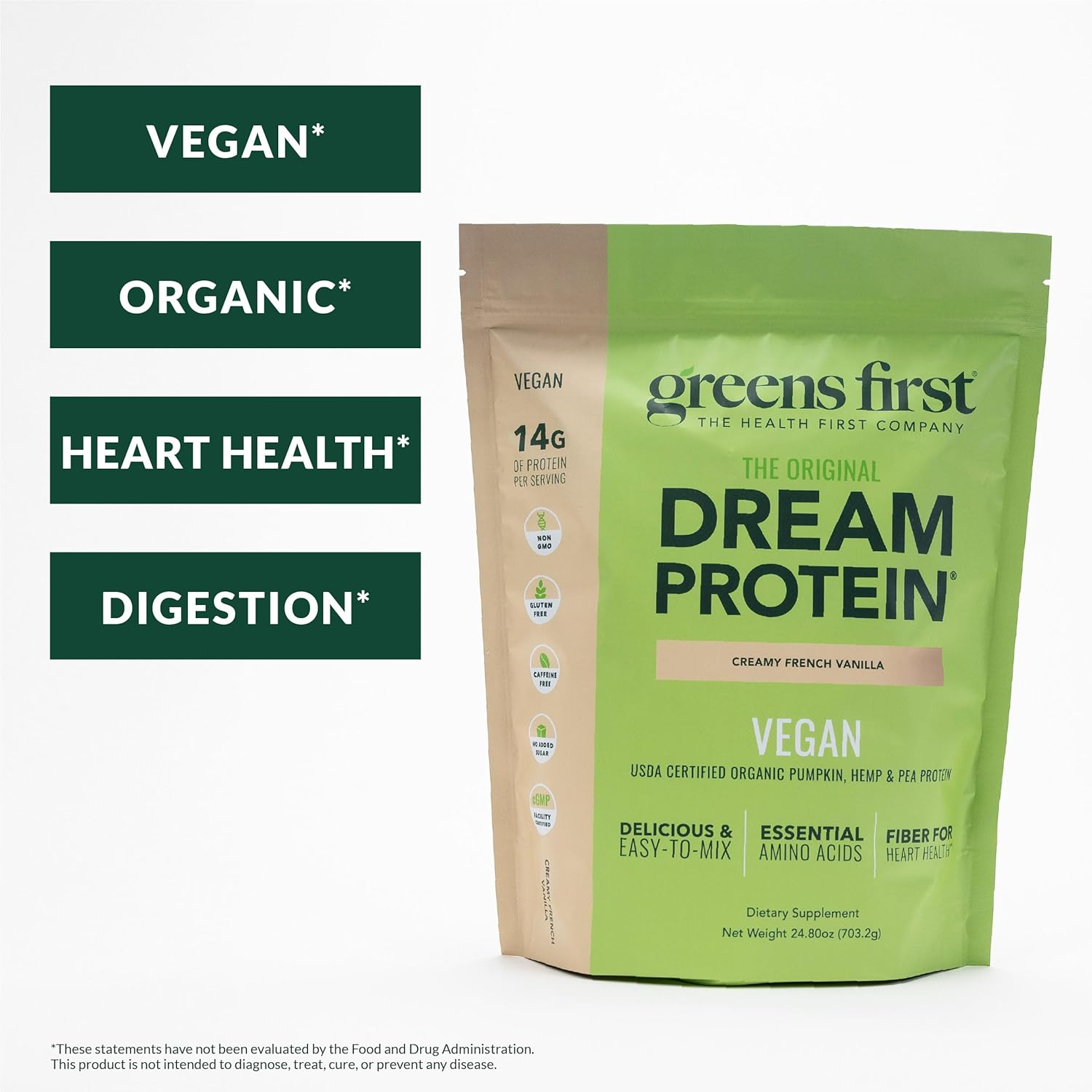 Greens First Dream Protein Plant-Based Vegan Powder - USDA Organic Pumpkin, Hemp & Pea Protein - Gluten-Free, Non-GMO, No Added Sugar (Creamy French Vanilla, 24.8 oz)