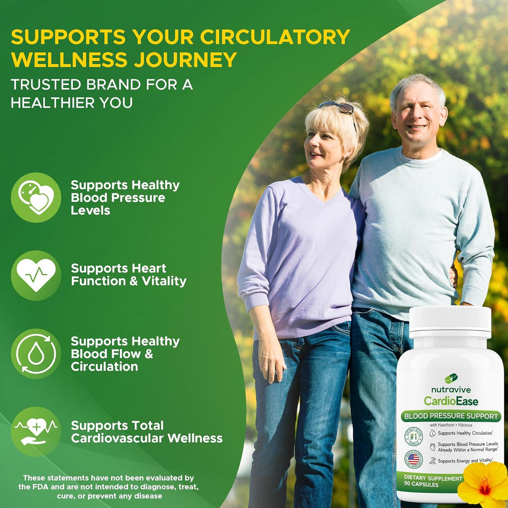 Nutravive Blood Pressure Support Supplement – Natural Heart & Circulation Support with Hawthorn, Garlic, Olive Leaf, Hibiscus & B12 – USA Made, GMP Facility - 90 Capsules