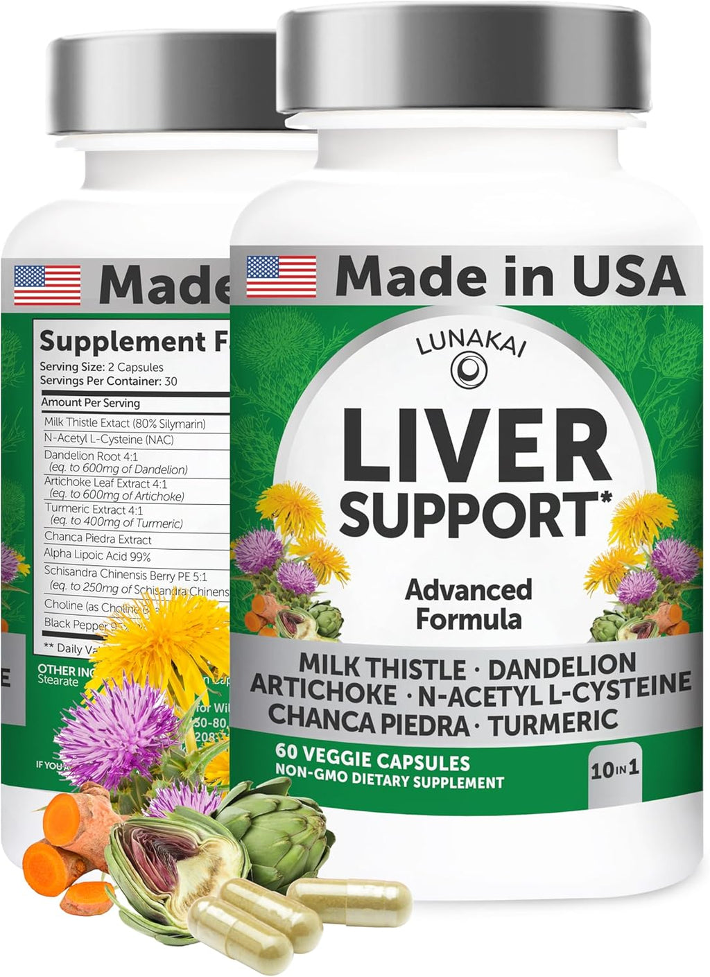 Lunakai USA Made Liver Cleanse Detox & Repair – Herbal Liver Support Supplement with Milk Thistle, Artichoke & NAC – Daily Detox, 60ct