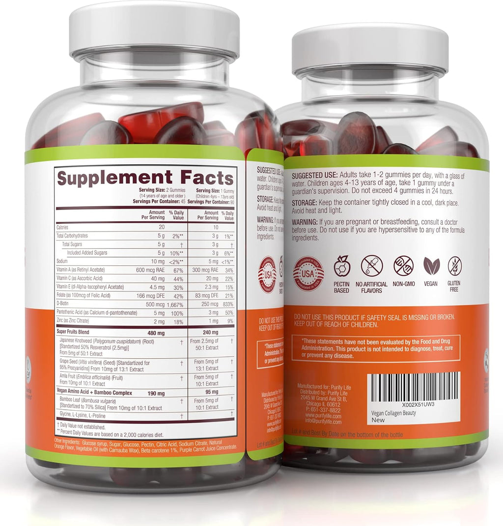 Purify Life Vegan Collagen Gummies with Biotin Vitamins for Hair Skin and Nails Health, (90 Chews) Collagen Support Superfruit Complex with Resveratrol, Vitamin A, E, C - Replace Capsules, Pills