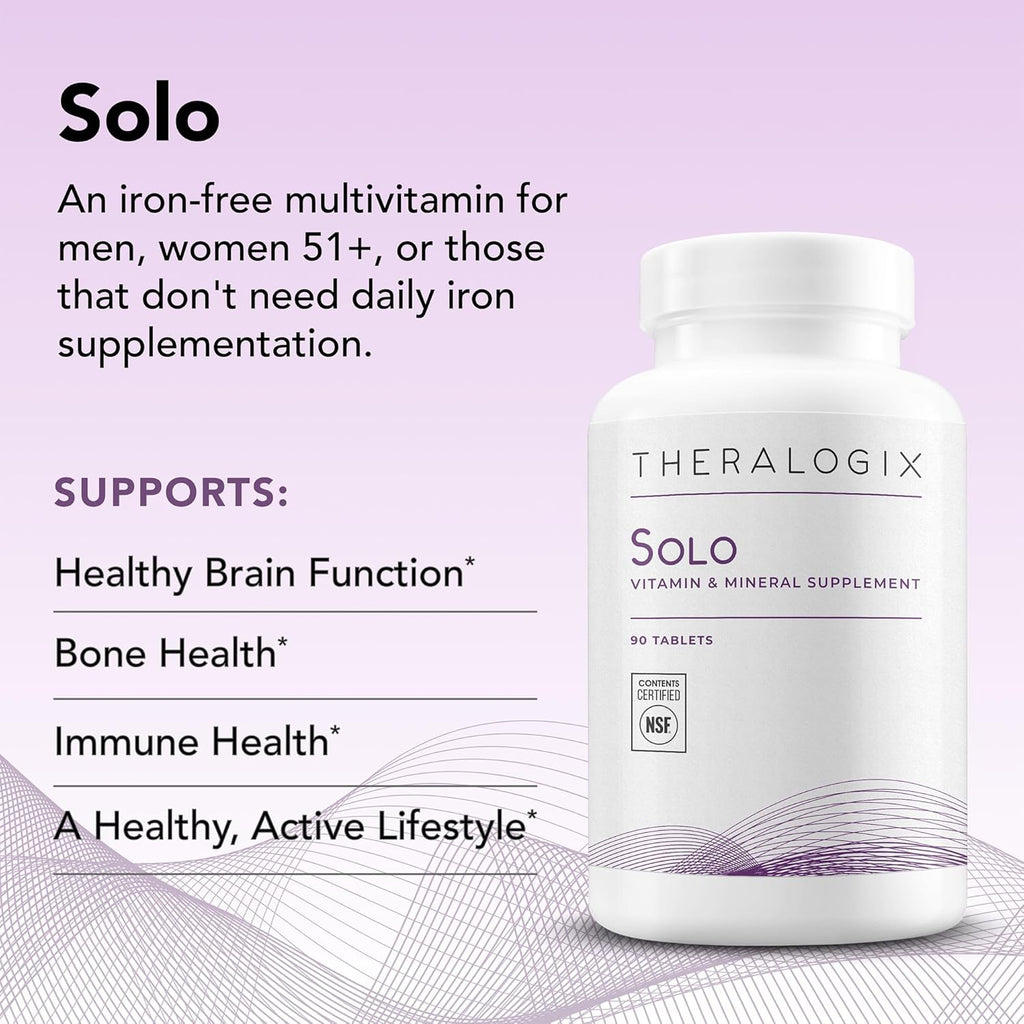 Theralogix Solo Multivitamin & Multimineral Supplement Without Iron - 90-Day Supply - Iron-Free Multivitamin - Support for Women & Men - Vitamin D3, Vitamin C & B Vitamins - NSF Certified - 90 Tablets