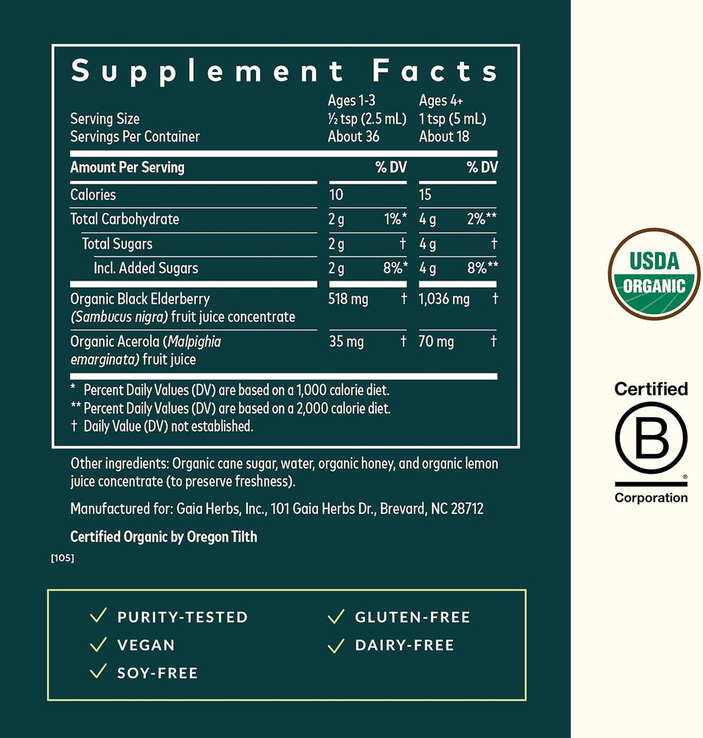 Gaia Herbs GaiaKids Black Elderberry Syrup - Delicious Immune Support Supplement for Kids - with Organic Black Elderberries and Honey - USDA Certified - 3 Fl Oz