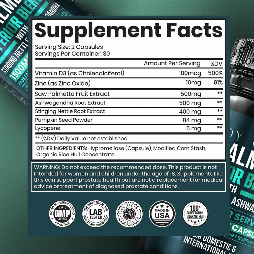 Prostate Superior Saw Palmetto for Men, Stinging Nettle, Ashwagandha, Lycopene, Bladder & Urinary Relief, Prostate Supplement, 60 Capsules 30-Day Supply