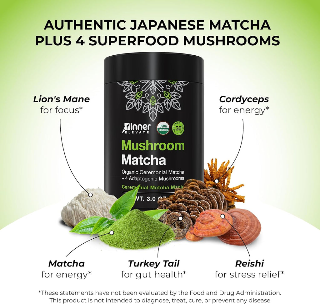 Inner Elevate Mushroom Matcha - Organic, Ceremonial-Grade Matcha Powder with 4 Superfood Mushrooms - Adaptogenic Mushroom Tea Drink with Lion's Mane, Cordyceps, Turkey Tail, Reishi (30 Servings)