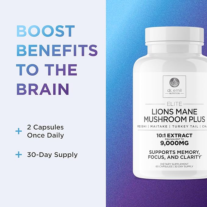 DR. EMIL NUTRITION 9000mg Organic Lions Mane Supplement Capsules with Chaga, Reishi & Maitake - Natural Mushroom Blend for Wellness Support