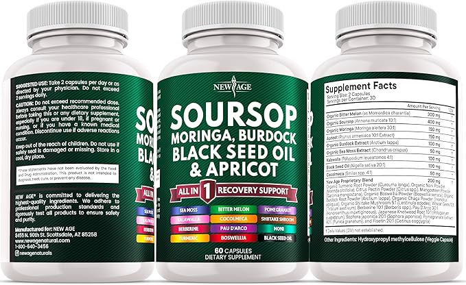 Soursop Supplement - Moringa, Sea Moss, Black Seed Oil, Berberine, Turmeric, Apricot, Quercetin, Greens, Bitters, Boswellia, Bitter Melon, Burdock Root - 60 Capsules