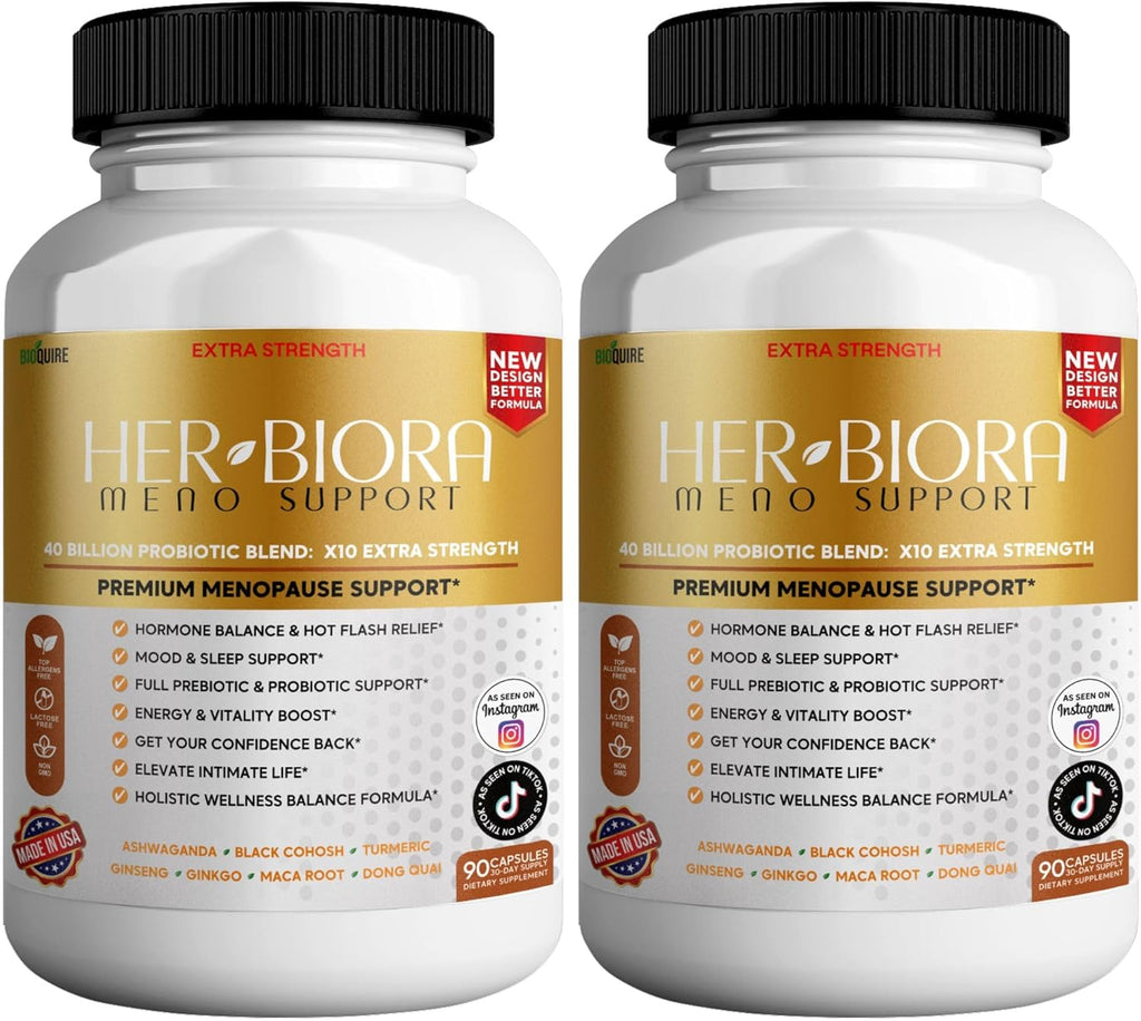 Her Biora Meno Support | Premium Menopause Probiotic Supplement | Hormone Balance, Hot Flash Relief, Mood & Sleep Support | Turmeric, Ashwagandha, Black Cohosh | 90 Capsules (2)