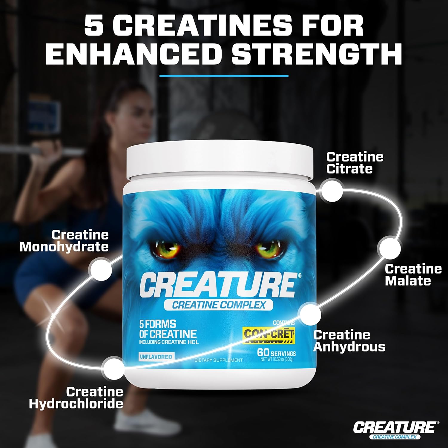 CREATURE® Creatine Complex - Creatine Monohydrate Powder with 5 Types of Creatine Including Con-Crēt® Creatine HCL, Promotes Muscle, Strength, Endurance, Brain Health, Unflavored, 300g, Pack of 2