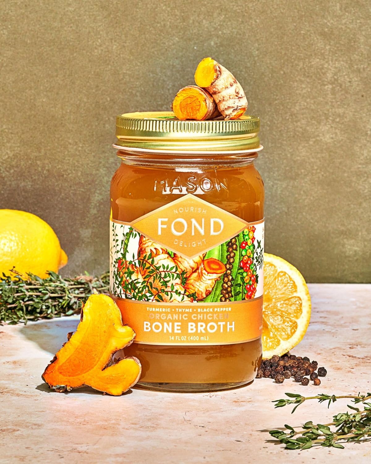 FOND Pasture-Raised Regenerative Chicken Bone Broth infused with Organic Turmeric & Black Pepper
