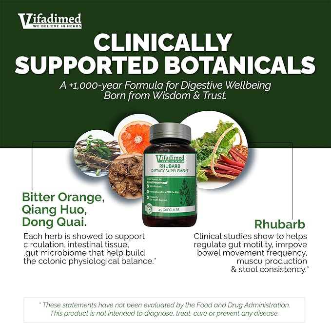 Rhubarb,Gut Motility Assist for Bowel Movement and Regularity,Constipation Relief,Bloating & Gas Relief,Mucus Production Activator,Lining & Microbiome Support, 45 Capsules
