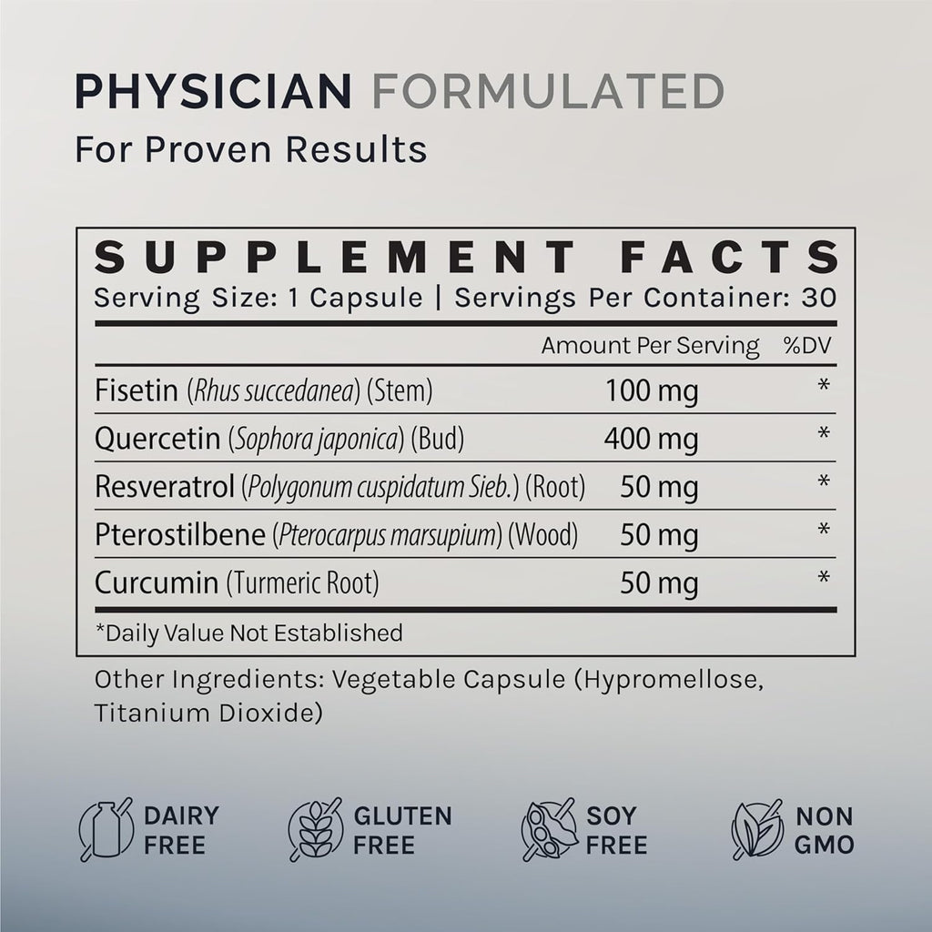 InfiniWell Senolytic Longevity Supplements - Optimize Cellular Aging, Help Support Cognitive Function & Neurological Processing - with Resveratrol, Pterostilbene & Quercetin (30 Capsules)