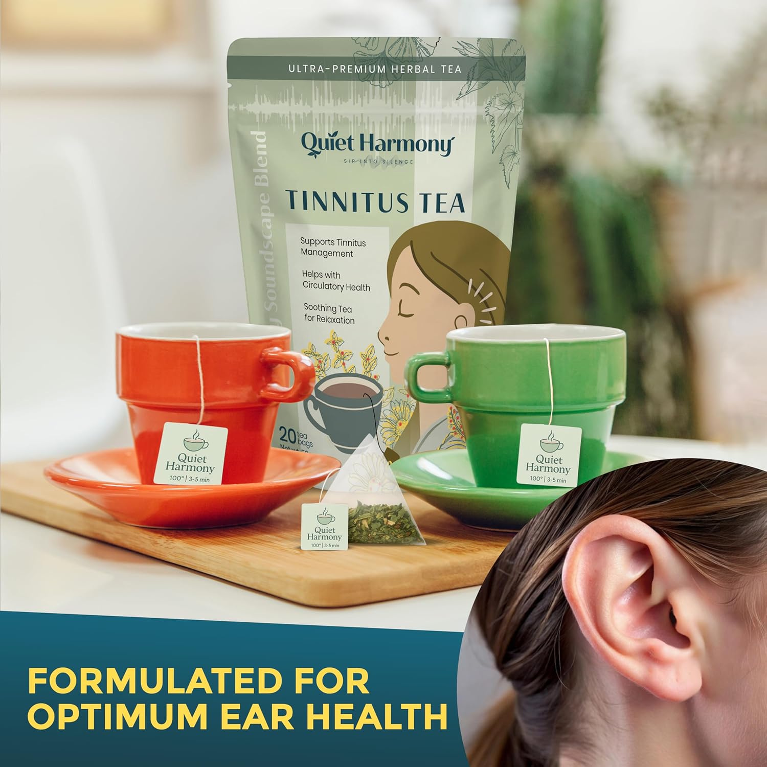 Quiet Harmony Tinnitus Relief Tea – Serenity Soundscape Blend | Ultra Premium Functional Herbal Tea for Ear Health & Nervous System Support | Rooibos, Ginkgo, Lemon Balm | 20 Pyramid Bags | Caffeine-Free
