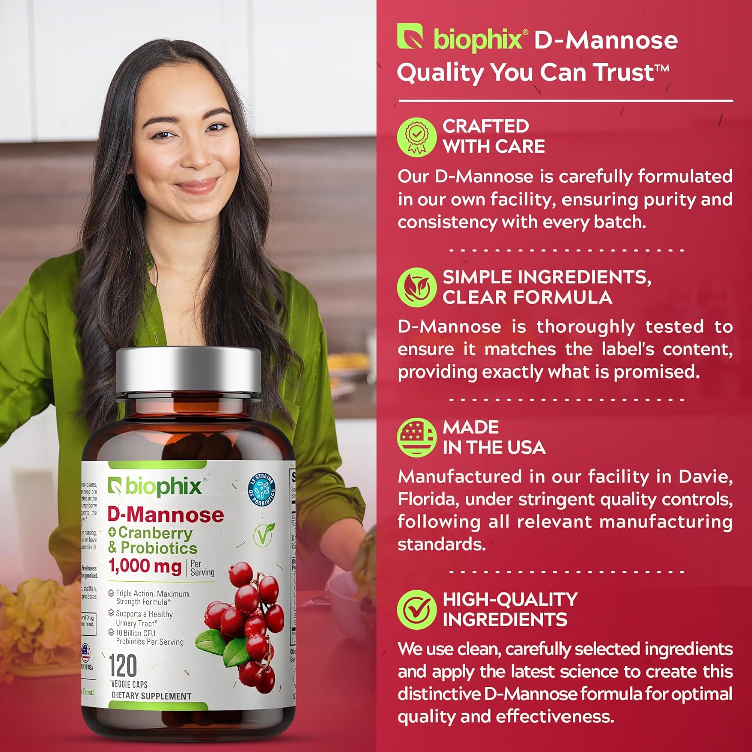 biophix D-Mannose 1000mg Capsules with Cranberry & Probiotics - D Mannose Supplements for Women - D-Mannose Pills for Urinary Tract & Bladder Health Support - Digestive Well-Being - 120 Vcaps 2 Pack
