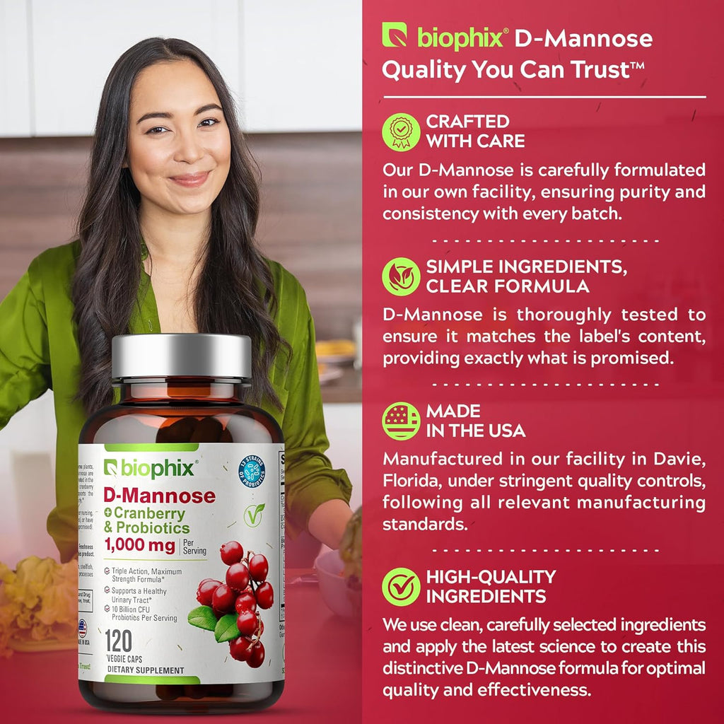 biophix D-Mannose 1000mg Capsules with Cranberry & Probiotics - D Mannose Supplements for Women - D-Mannose Pills for Urinary Tract & Bladder Health Support - Digestive Well-Being - 120 Vcaps