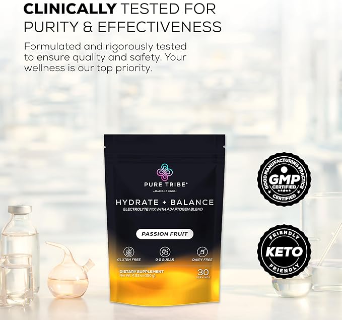 Hydrate + Balance Electrolytes Powder Packets – Vegan & Sugar-Free Hydration Packets with 6 B Vitamins & Adaptogens – Passion Fruit Powder for Instant Hydration & Energy – 30 Stick Servings