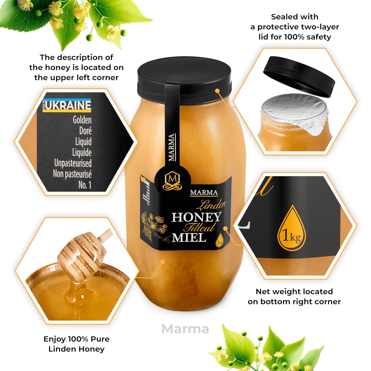 HONIGMA® Marma Linden Honey | Authentic Raw Honey from Ukraine | 100% Pure, Unpasteurized & Fully Crystallized | 1000g/35.2oz | Naturally Solid Texture | Pack of 1