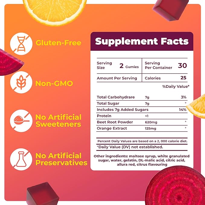 Orange & Beet Root Gummies – Nitric Oxide Booster for Energy & Circulation – Heart Health Beets Chews with Orange – Vegan Beetroot Supplement for Cardiovascular Support – Tasty Power Beet Chews