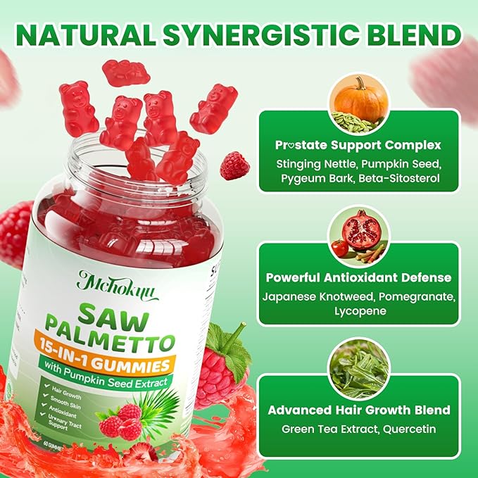 Saw Palmetto Gummies 600mg for Men & Women – Pumpkin Seed Oil Gummies with Saw Palmetto Supplement for Hair Growth & Skin Health, DHT Blocker - Sugar Free, Non-GMO, Raspberry Flavor 120 Count