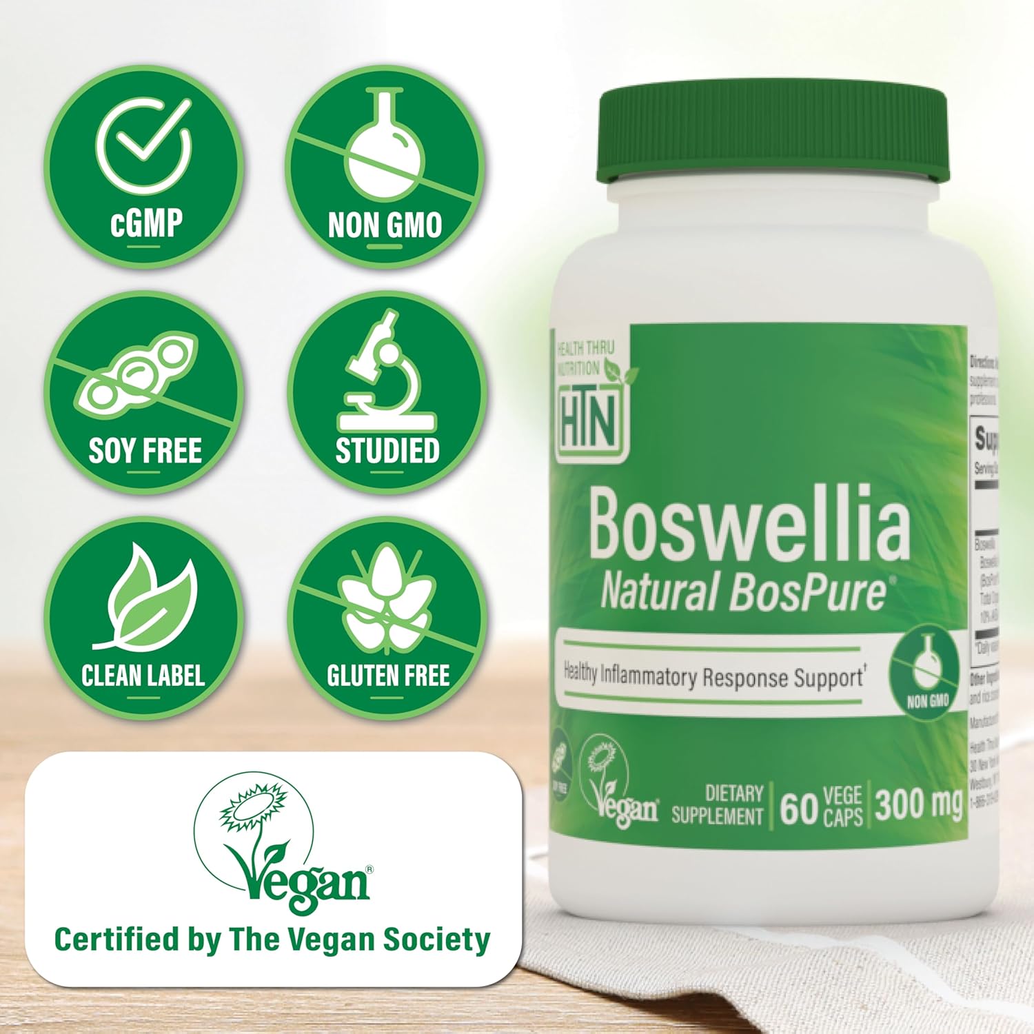 Health Thru Nutrition Boswellia 300mg 60 Capsules as Bospure AKBAMAX | High Potency 75% Boswellic Acids 10% AKBA | Healthy Mobility Support | Vegan Certified | Non-GMO, Gluten Free, Soy Free