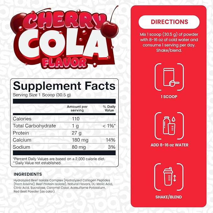 Hydrolyzed Clear Beef Isolate Protein Powder, 27g Protein, 9 Essential Amino Acids, Fat-Free, Dairy-Free, Sugar-Free, Latose-Free, Supports Muscle Protein Synthesis