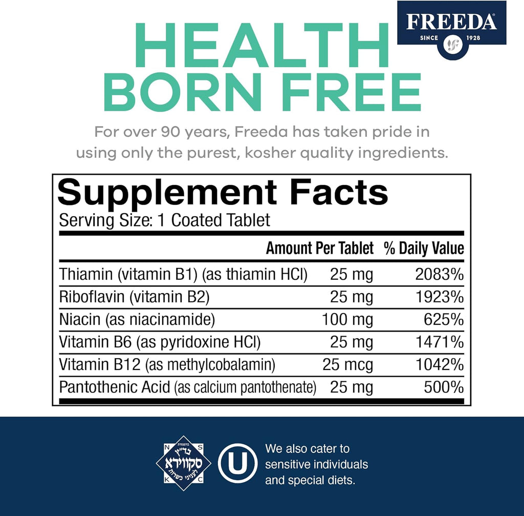 Freeda Vitamin B Complex No Folic No PABA - Super B Complex Kosher Vitamin Supplement with Vitamin B1 Vitamin B2 Vitamin B3 Vitamin B5 Vitamin B6 Vitamin B12 - Vit B Complex B for Women & Men (250 Ct)