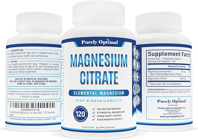 Purely Optimal Magnesium Citrate 500mg – Magnesium Supplement for Digestive Health, Gentle Constipation Relief, Muscle & Sleep Support, Calm & Relaxation – High Absorption, 120 Easy-to-Swallow Caps
