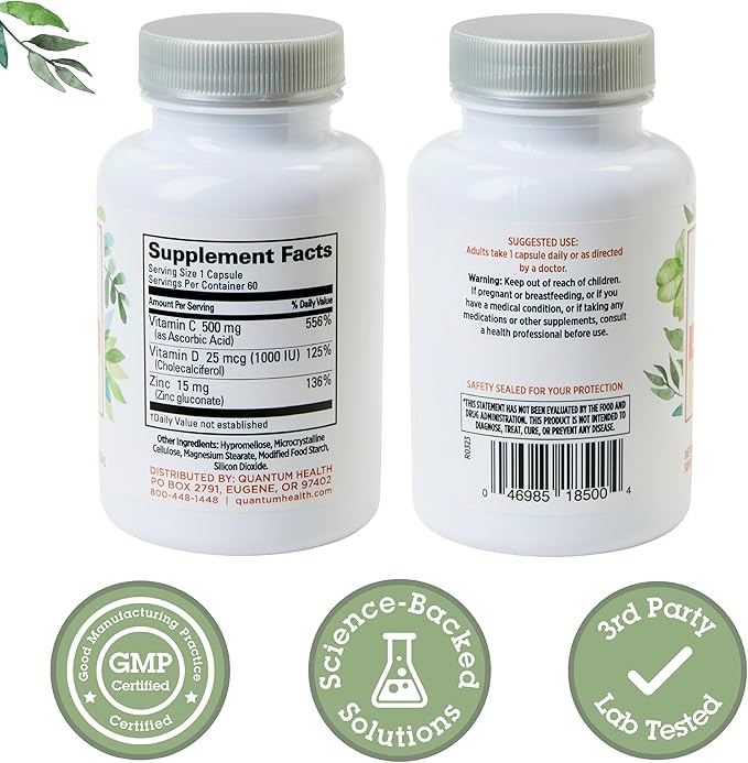 Quantum Health CDZ Immune Support Supplement Vitamin C 500 mg, Vitamin D 1000 IU Plus Zinc 15 mg Powerful Whole Body Wellness Support Complex - Daily Immunity Boost for Women & Men - 60 Capsules