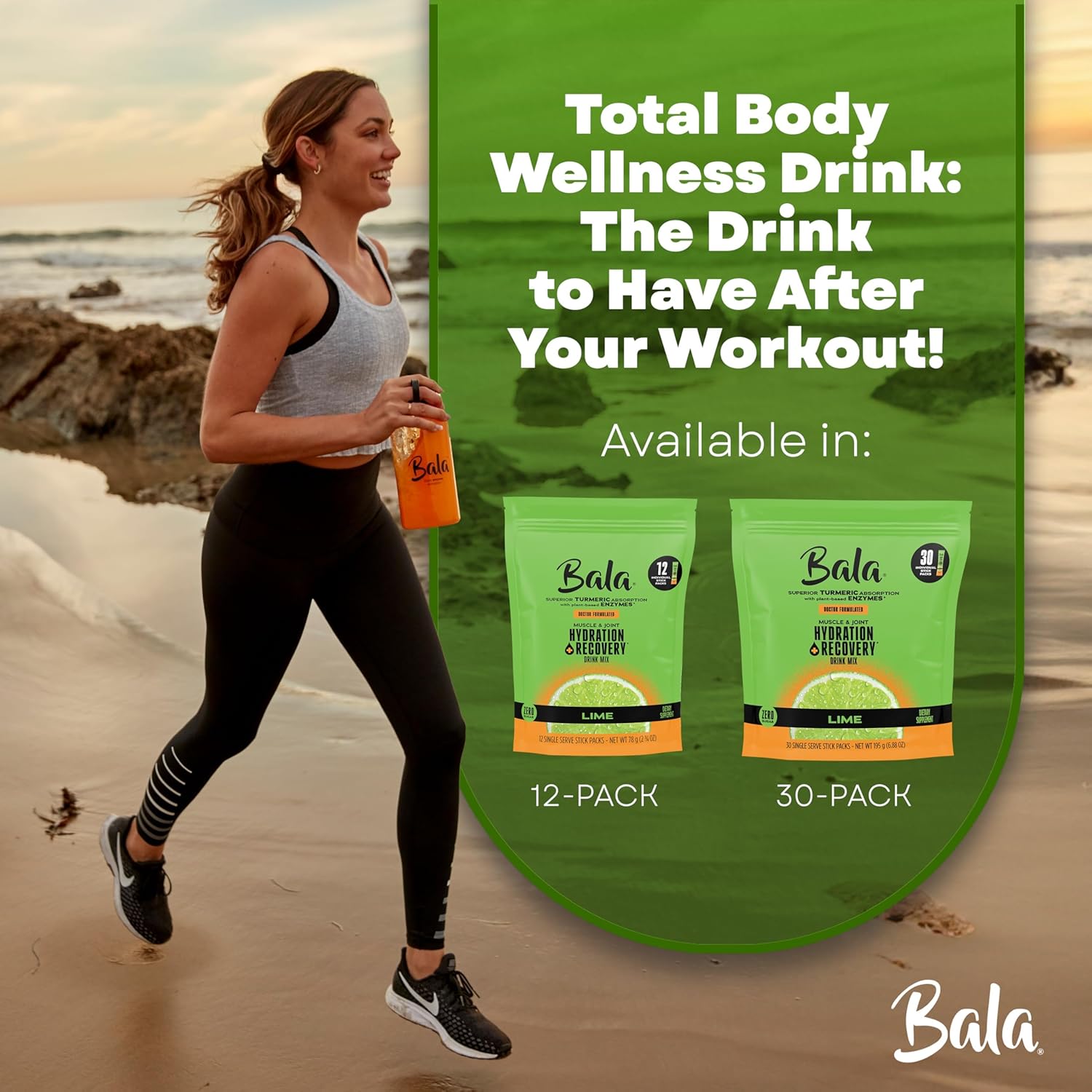 Bala Enzyme - Total Body Wellness Drink Mix - Lime Flavor - Hydrate & Recover with Electrolytes, Turmeric & Amino Acids - 0.25oz (12 Count)