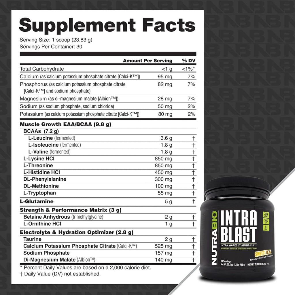 NutraBio Intra Blast Bcaa Powder Amino Acid Supplement, Electrolyte & Hydration Blend, Intra, Pre Workout & Muscle Recovery, 20g Eaa Amino Acids Powder, 5g Glutamine- Sweet Tea, 30 Serving