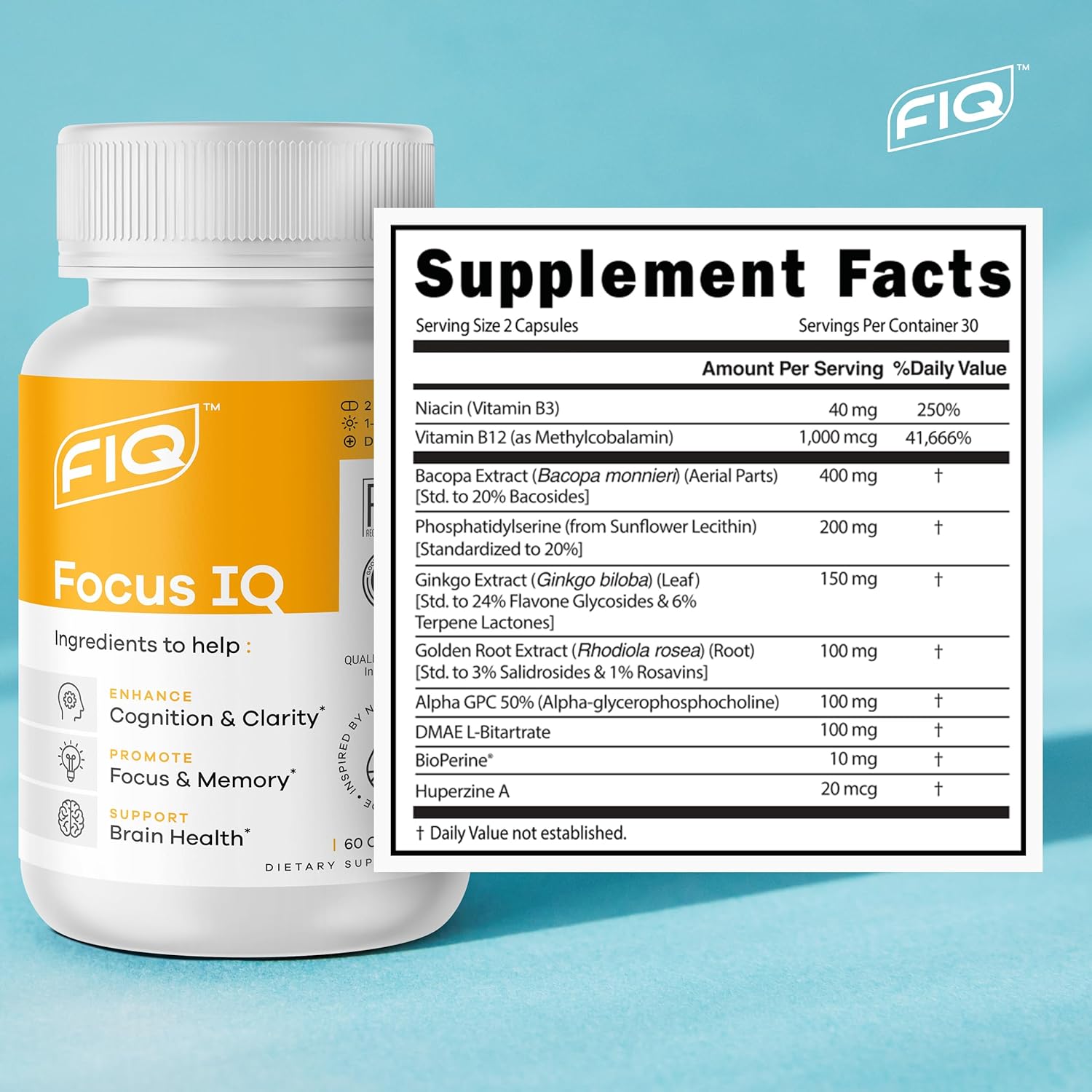FIQ - Focus IQ - Brain Supplements for Memory and Focus - Memory Supplements - Cognitive Support - 60 Capsules