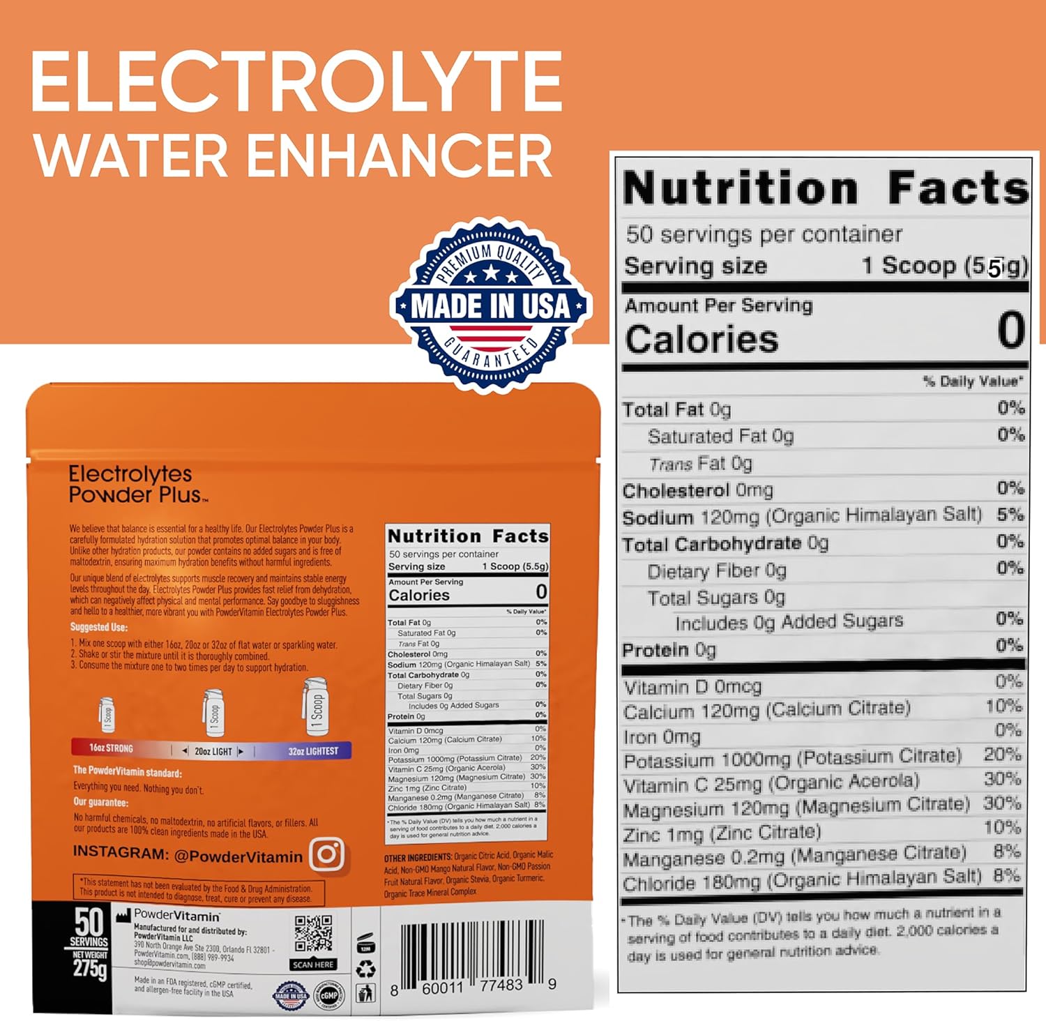 PowderVitamin Electrolytes Powder Plus (50 Servings) Mango Passionfruit Electrolyte Powder Zero Calorie Keto, 0 Sugar, No Maltodextrin,1000mg Potassium,120mg Calcium,120mg Magnesium, Hydration Powder