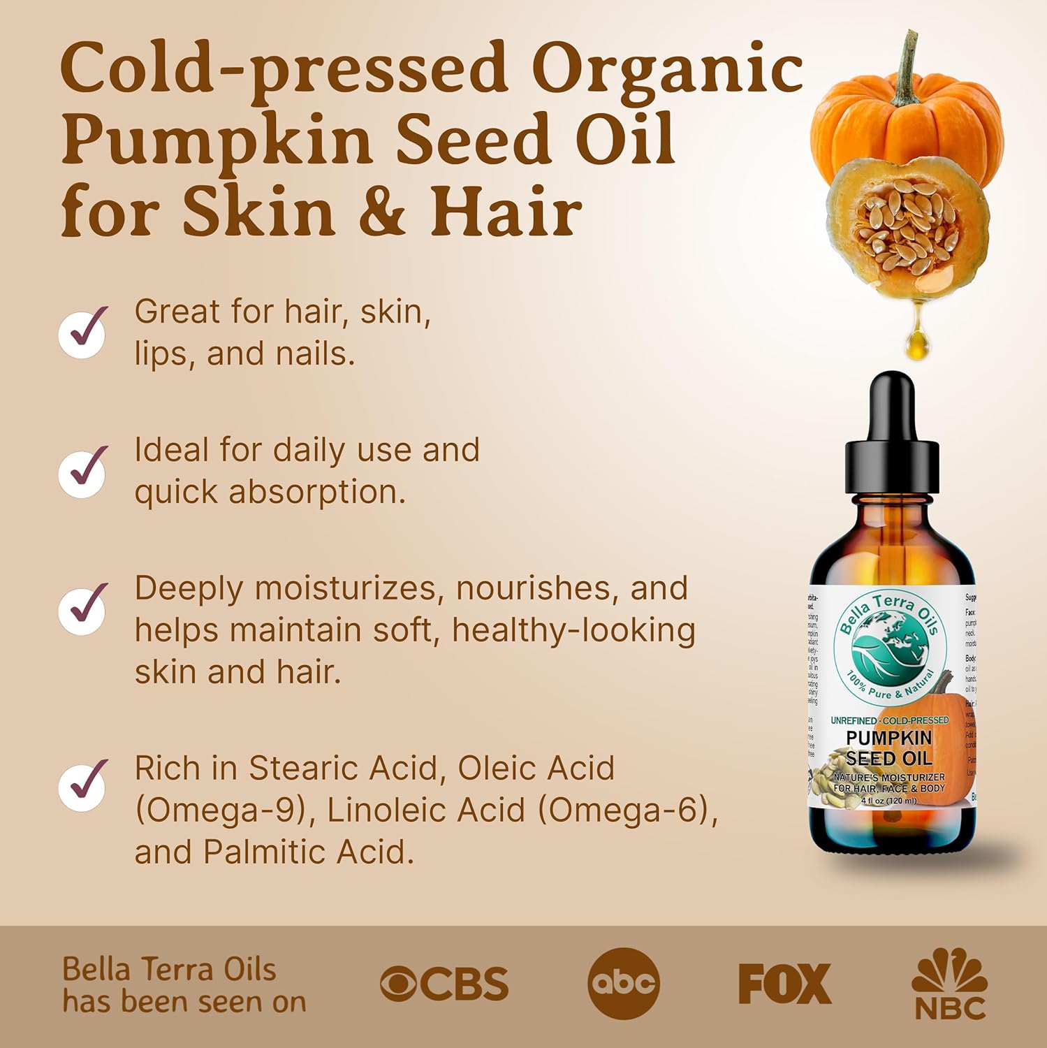 Bella Terra Oils Organic Pumpkin Seed Oil – 4 oz – 100% Pure & Cold-Pressed – Rich in Phytosterols & Magnesium – Hydrating & Nourishing for Skin & Hair – Antioxidant-Rich Beauty Oil