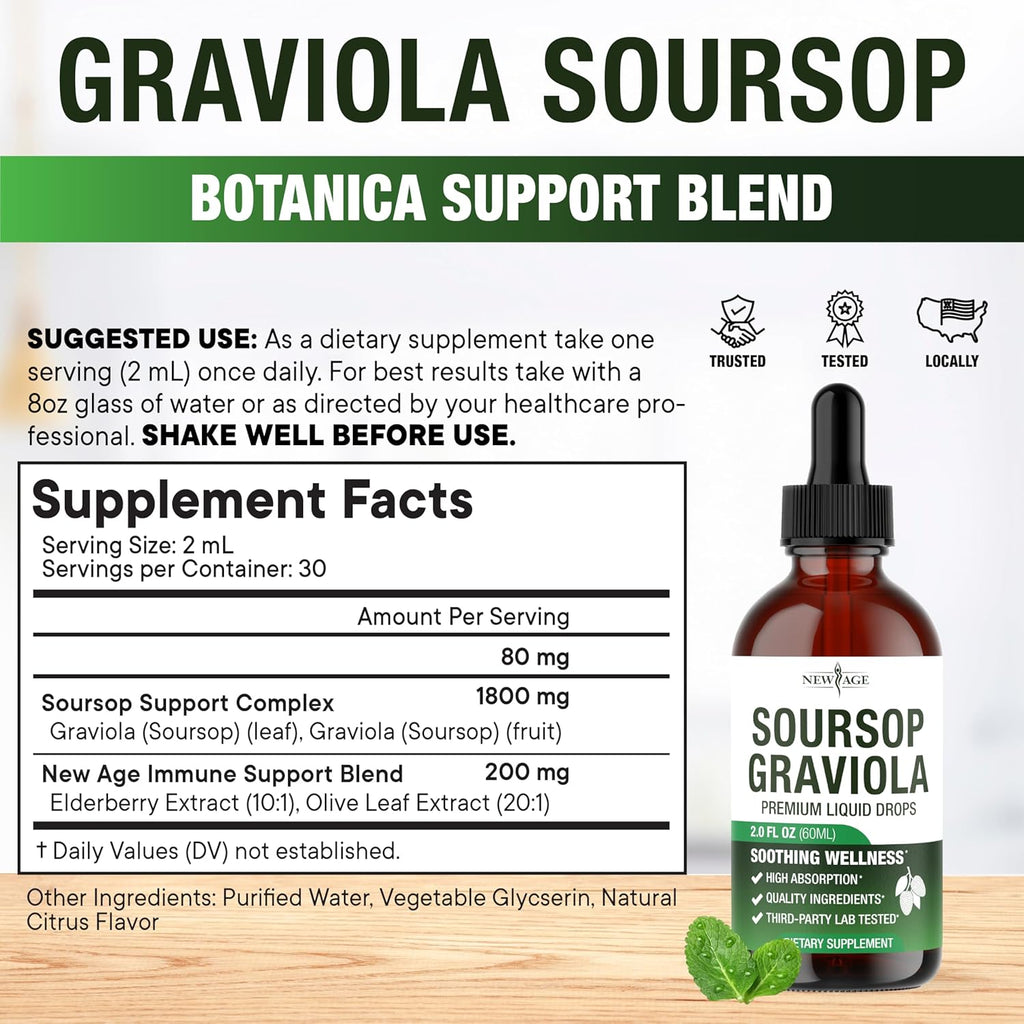 NEW AGE Soursop Drops - Soursop Bitters Liquid with Soursop Fruit and Leaves, Elderberry, Vitamin C and Olive Leaf - Multimineral & Vitamins Superfood - 4 oz