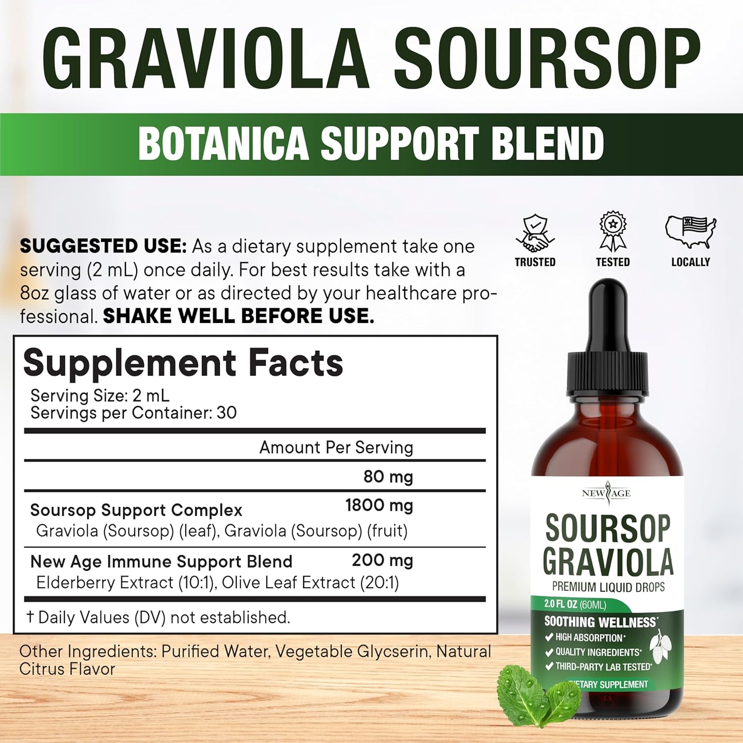 NEW AGE Soursop Drops - Soursop Bitters Liquid with Soursop Fruit and Leaves, Elderberry, Vitamin C and Olive Leaf - Multimineral & Vitamins Superfood - 2 oz