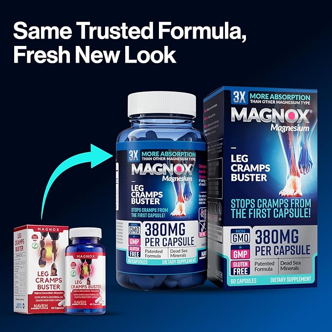 MAGNOX® Buster | Patented Clinically Tested 380mg Magnesium Supplement for Spasms & Leg Cramps at Night | One Capsule a Day for Almost Full Dosage | 3X More Absorption | Dead Sea Minerals (60 Caps)