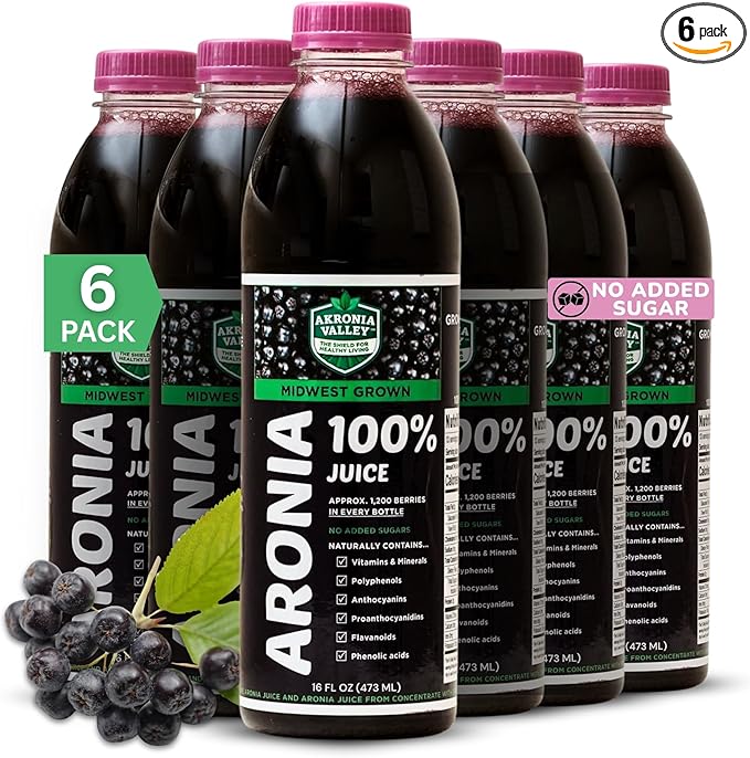 100% Aronia Berry Juice | 16 Fl Oz (Pack of 6) One Month Supply | Gluten Free Superfood Juice Drink