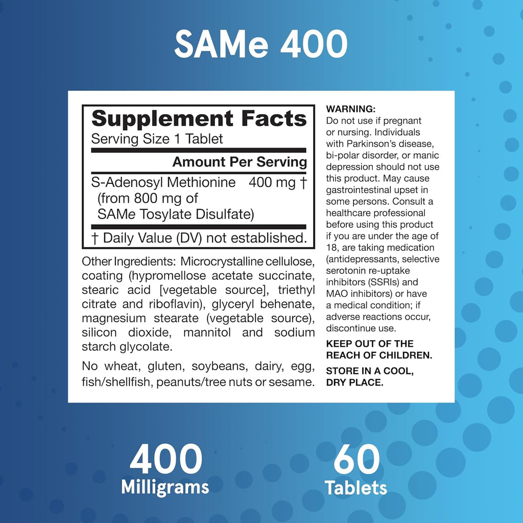 Jarrow Formulas SAMe 400 mg, Supports Joint Health, Liver Function, Brain Metabolism, 60 Tablets, Up To a 60 Day Supply